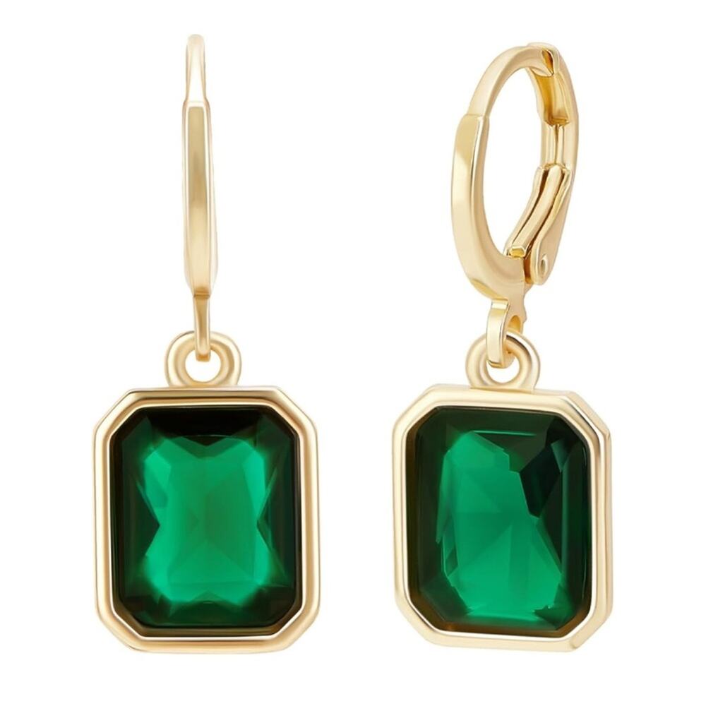 Gold hinged huggie earrings with Emerald drop